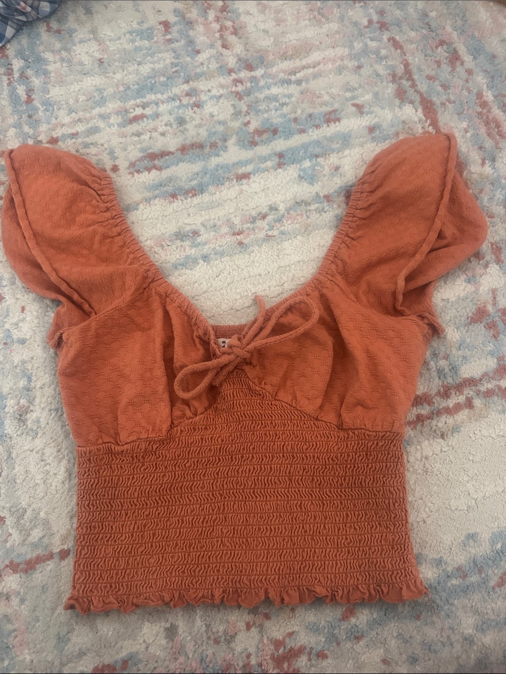 Billabong Rust Orange Smocked Tie-Front Crop Top
